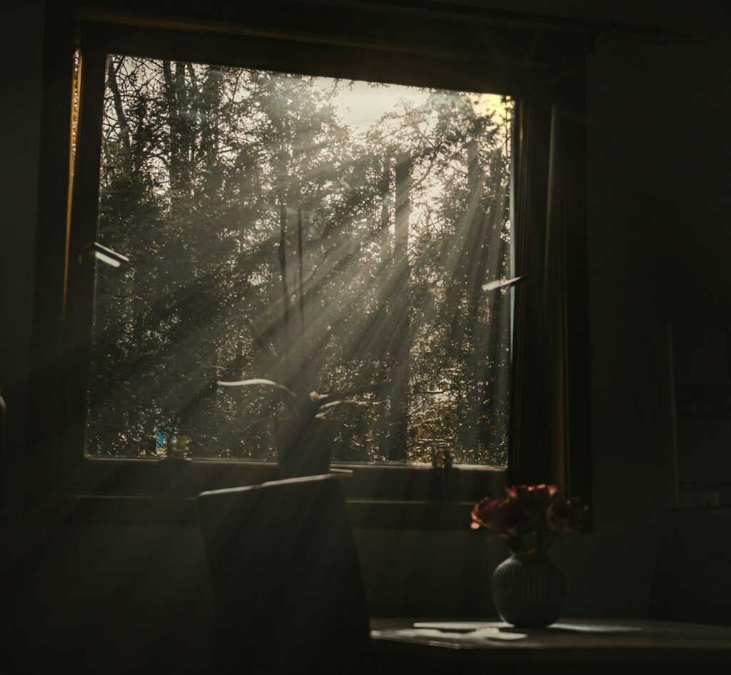 Sunlight streaming through a window tint into a dark room with visible sunbeams illuminating particles in the air and casting a warm glow on the interior.